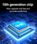 Close-up of the 10th generation chip for High Speed GPS Module With QMC5883L Compass For Drone Racing, emitting blue light on circuit board.