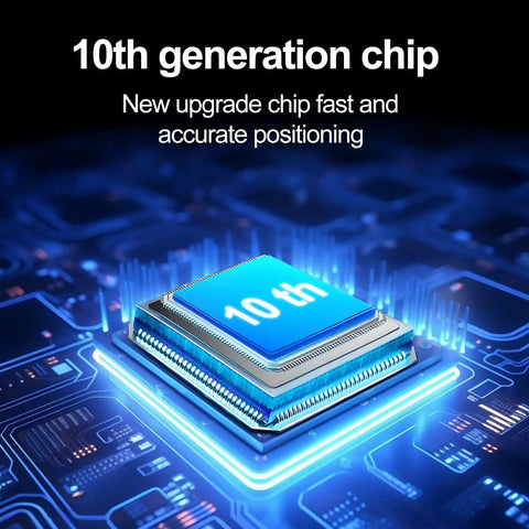 Close-up of the 10th generation chip for High Speed GPS Module With QMC5883L Compass For Drone Racing, emitting blue light on circuit board.