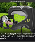 Cordless Garden Tiller Kit With Dual 24V Batteries And Charger, ergonomic handle showing quick start and height adjustment features.
