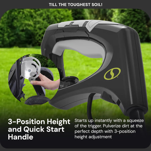Cordless Garden Tiller Kit With Dual 24V Batteries And Charger, ergonomic handle showing quick start and height adjustment features.