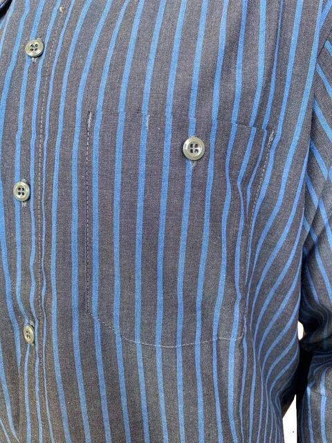 Close-up of Mens Charcoal Blue Stripe Long Sleeve Industrial Work Shirt Built Tough For Auto Mechanics And Trades Professionals Stain Resistant Heavy Duty Poly Cotton Blend With Secure Button Front Pockets Ready For The Daily Grind 2Xl.