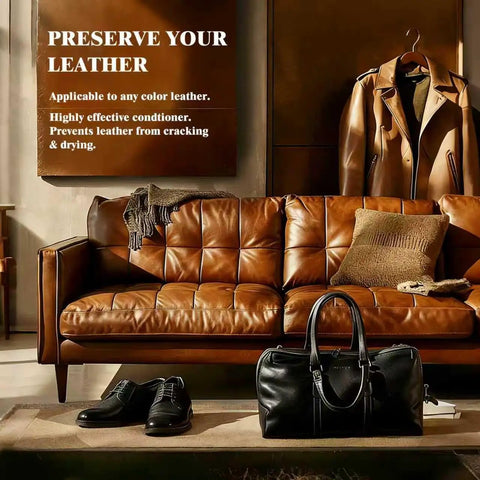 Top Shelf Leather Conditioner And Furniture Salve Kit For Couches Auto Seats And Bags Quick Absorbing Non Greasy Restorer Balm on brown leather couch.