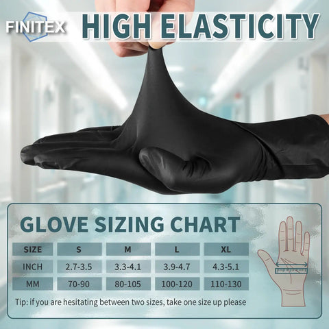Top Shelf Black Nitrile Disposable Gloves 5 Mil Heavy Duty Textured Grip Powder Free Latex Free For Grunt Work Medical Care Kitchen Cleanup 100 Count X Large glove sizing chart with elastic black nitrile glove being stretched.