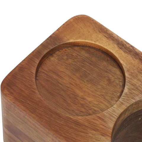 Rock Steady 58 Mm Coffee Tamper Stand With Solid Hardwood Portafilter Holder, top view showing circular holder for portafilter.