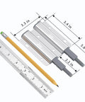 Heavy Duty Magnetic Push To Open Latch Built Rugged For Kitchen Cabinets And Drawers with dimensions on ruler, silver aluminum finish.