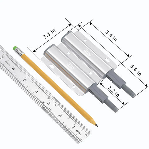 Heavy Duty Magnetic Push To Open Latch Built Rugged For Kitchen Cabinets And Drawers with dimensions on ruler, silver aluminum finish.