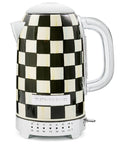 Electric Kettle With Stainless Steel Body In Black And White Courtly Check Pattern For Quick Boiled Water A Game Changing Pick For Tea Or Coffee In A Modern Kitchen showing the side view