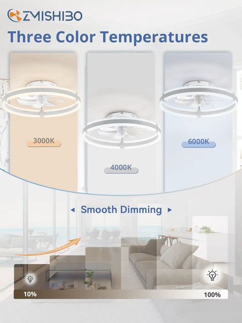 Slick Low Profile Ceiling Fan With Smart LED Light And Dual Remote And App Control Small Room Cooler warm to cool adjustable breeze with dimmable settings.