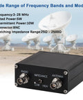 Z Match Ham Radio Antenna Tuner For 3 To 28 MHz CW Operation 5 Watt Output With BNC Connectors, front panel view with specs.