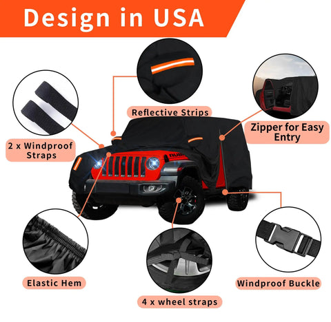 Jeep Wrangler 2 Door Waterproof Car Cover Highly Adjustable All Weather Outdoor Protection With Driver Door Zipper Custom Fit