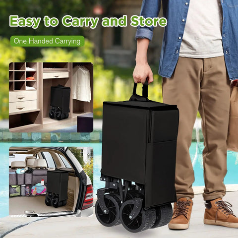 Person carrying Heavy Duty Collapsible Wagon With 400 Lb Capacity For All Terrain Big Wheels Ideal For Sand Beach Camping Garden And Sports Folding Utility Cart Black