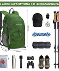 20L Lightweight Hiking Backpack Waterproof Daypack For Camping Ergonomic Breathable Back Panel With Balanced Load All Day Comfort Trail Ready Outdoor Gear For Adventure shown with camping accessories and tools.