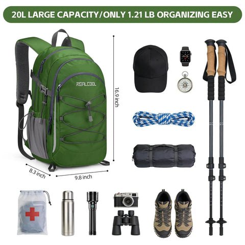 20L Lightweight Hiking Backpack Waterproof Daypack For Camping Ergonomic Breathable Back Panel With Balanced Load All Day Comfort Trail Ready Outdoor Gear For Adventure shown with camping accessories and tools.