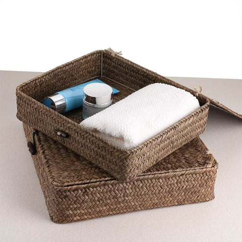 Set Of Two Handwoven Seagrass Storage Baskets With Lids Flat Wicker Organizer Boxes Perfect For Keeping Your Space Chill And Tidy Game Changer For Home Organization Closet Laundry Toy Sorting