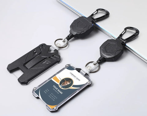 Retractable Badge Reel With Heavy Duty Carabiner Clip And Lanyard For ID Cards Holder shown with two ID card holders attached.