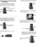 Diagram of Conrader pilot valve adjustment procedure with labeled components and step-by-step instructions for pressure adjustment.