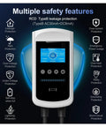 Portable EV Charger With NACS Plug For Home Garage Or Road Trips Featuring 32A Up To 40A 12KW Fast Charging showing safety features and digital display.
