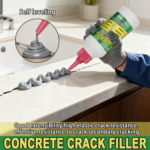 Heavy Hitter Concrete Crack Filler Water Based Sealer filling a crack on a countertop with gray sealant for repairs.