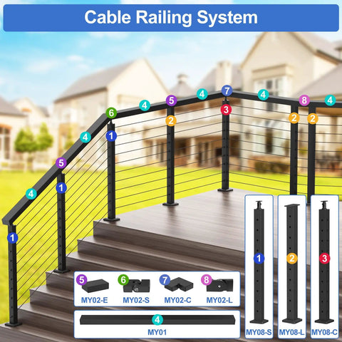 Top Shelf Six Foot Six Inch Stainless Steel Rectangular Handrail Cuttable Cable Railing System Black Flat Top Rail with nylon end caps on deck stairs.
