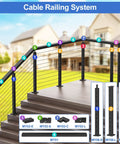 Surface Mount Cable Railing Kit With Black T316 Stainless Steel Rope Flat Top Posts And Swageless Fittings For Straight Up Solid Deck Guardrails No Sweat Heavy Duty DIY Installation shown on wooden steps.