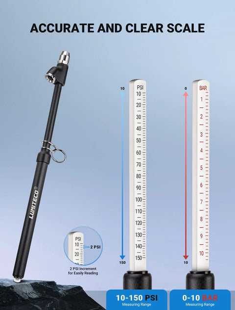 12 Inch Dual Head Tire Pressure Gauge With Extended Tube For Semi Truck RV Car And Motorcycle showing PSI and BAR scale