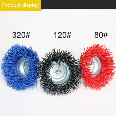 3 Inch Nylon Cup Brush Set for Drill with grits 80, 120, 320, assorted abrasive brushes displayed front view
