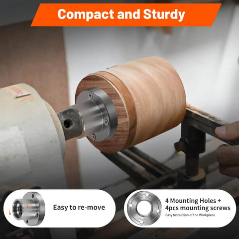 Rock Solid Heavy Duty Steel Wood Lathe Faceplate With No Sweat Mounting Threads And Four Bolt Clamping Holes For Serious Wood Turning Projects That Require Tough Durability And Pro Level Performance mounted on a wood lathe.