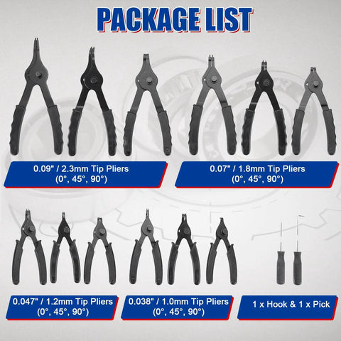 Package list of 14 Piece Snap Ring Pliers Set With Straight And Bent Pliers, Long Reach No Slip Grip for ring install and removal