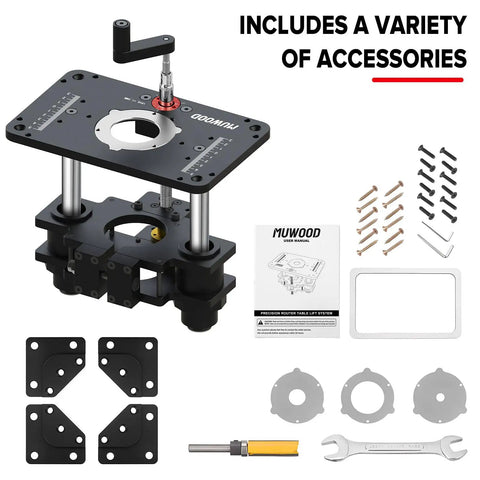 Precision Router Table Lift System With Rock Solid Aluminum Alloy Insert Plate For Woodworking Shops Micro Adjustment includes accessories