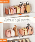 Purse Organizer For Closet Clear Handbag Storage Organizer With Adjustable Dividers Clutch Pouch Organizer Includes 2 Shelf Dividers For Sweaters Keeps Bags Upright Easy Access Neat showcasing adjustable bases and dividers holding bags upright on a shelf.