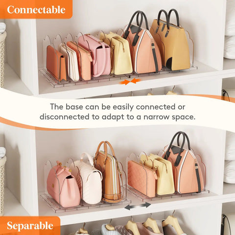 Purse Organizer For Closet Clear Handbag Storage Organizer With Adjustable Dividers Clutch Pouch Organizer Includes 2 Shelf Dividers For Sweaters Keeps Bags Upright Easy Access Neat showcasing adjustable bases and dividers holding bags upright on a shelf.