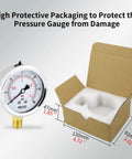 Glycerin Liquid Filled Two Point Five Inch Air Pressure Gauge With Stainless Steel Case, shown with protective packaging box.