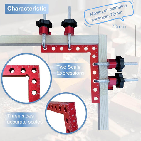 Two-Piece 90 Degree Corner Clamps For Woodworking, Premium Aluminum Alloy 5.5 By 5.5 Inch Squares in use with wood.