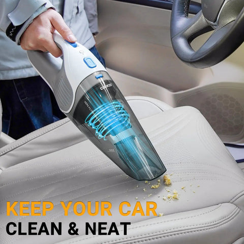 Cordless Handheld Vacuum Cleaner With 8000Pa Suction used to clean car seat, showing powerful suction in action.