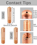 Top Tier 14-Piece MIG Welder Accessory Kit With Snap-On Gas Nozz Diffusers Plus Contact Tips in .024 .030 And .040 Sizes, showing copper contact tips with M6 thread.
