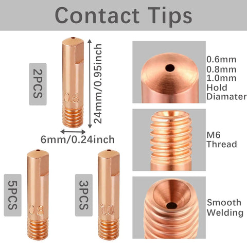 Top Tier 14-Piece MIG Welder Accessory Kit With Snap-On Gas Nozz Diffusers Plus Contact Tips in .024 .030 And .040 Sizes, showing copper contact tips with M6 thread.