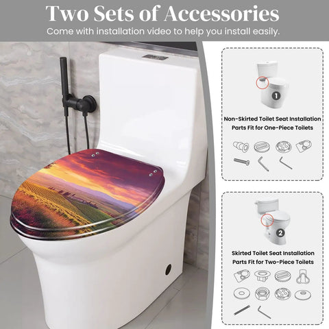Elongated Slow Close Toilet Seat Farmhouse Style for Bathroom with sunset design, showing installation accessories, ideal for toilets.