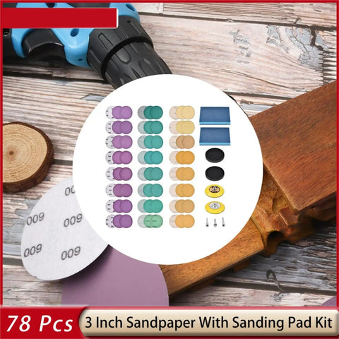 Grab These 78 Pc Crazy Awesome Sanding Discs With Super Easy Hook Loop Backing Pad For Your Drill Make Wood And Metal Projects Fly Smooth Fast Today, various 3-inch sanding discs displayed.