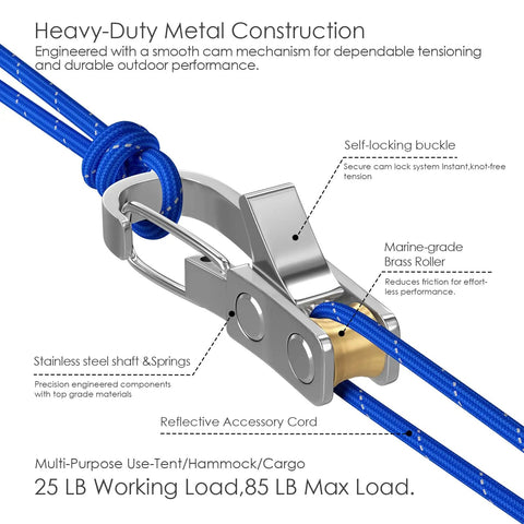Close-up of 8 Pack Rope With Roller Tensioner For Easy Secure Tying, highlighting metal buckle and blue rope