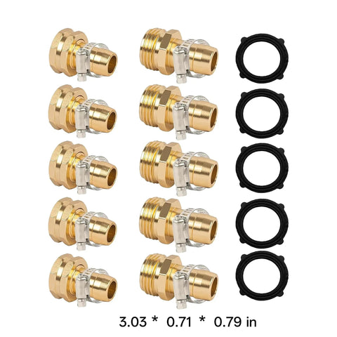Awesome 5 Set Garden Hose Repair Kit With Heavy Duty Aluminum Fittings And Rust Proof Clamps For Quick Fix Of Leaky Water Hoses, Sprinklers And Outdoor Faucets To Keep Your Lawn Looking Gnarly All Season Long brass hose fittings, clamps, and washers laid out with 3.03 x 0.71 x 0.79 in size