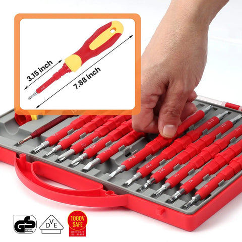 1000V Insulated Electrician Screwdriver Set With Case All In One 26 In 1 Magnetic Bit Kit in open case with hand selecting bit