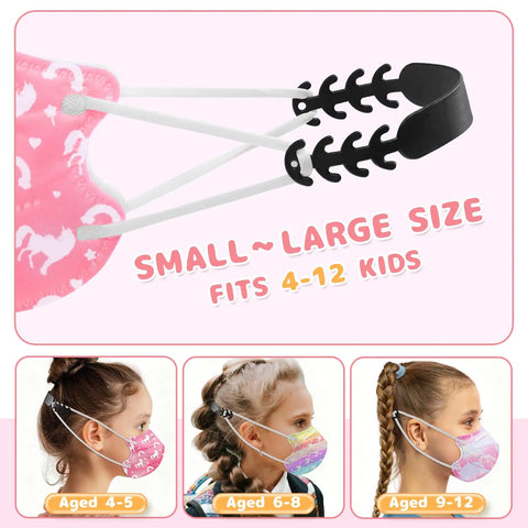 Kid Friendly KN95 Face Mask Disposable Unicorn Design for Ages 4-12, 5-Layer Protection, adjustable ear loops shown