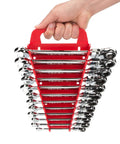 Flex Head Ratcheting Wrench Set, 13-Piece, 1/4 To 1 Inch With Holder, shown in a hand holding the red storage tray