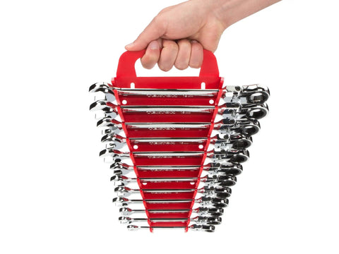 Flex Head Ratcheting Wrench Set, 13-Piece, 1/4 To 1 Inch With Holder, shown in a hand holding the red storage tray