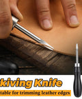 Close-up of hands using a skiving knife from the 7 Piece Leather Knife Set With Four Edge Bevelers, One Cutting Knife And Two Burnishers For Leather Working Tools.