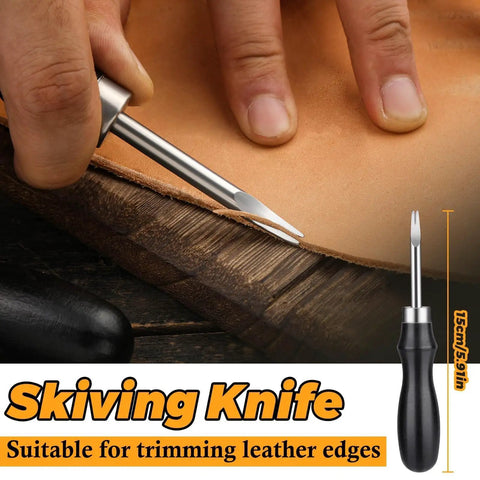 Close-up of hands using a skiving knife from the 7 Piece Leather Knife Set With Four Edge Bevelers, One Cutting Knife And Two Burnishers For Leather Working Tools.
