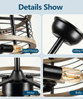 Detailed views of the 20 Inch Enclosed Bladeless Caged Ceiling Fan With Remote Control showing caged design, motor, and LED bulbs.