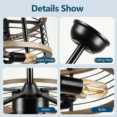 Detailed views of the 20 Inch Enclosed Bladeless Caged Ceiling Fan With Remote Control showing caged design, motor, and LED bulbs.