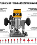 Real Deal Cordless Plunge Router Kit With Fixed And Plunge Bases Ready To Roll Smooth Finish For Woodworking Trimming Grooves Built Tough Low Voltage Protection Fits Standard 20V And 60V Tools showing plunge and fixed base features.