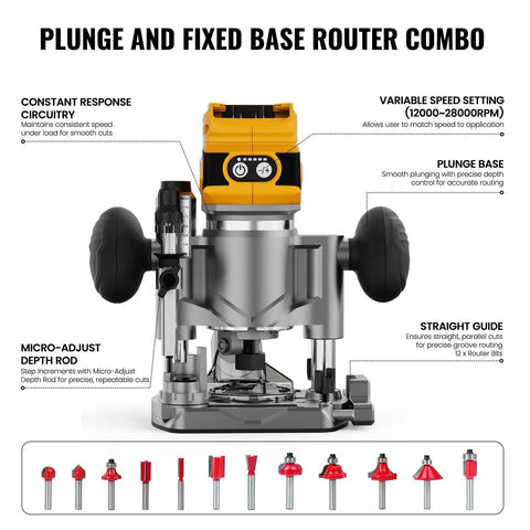 Real Deal Cordless Plunge Router Kit With Fixed And Plunge Bases Ready To Roll Smooth Finish For Woodworking Trimming Grooves Built Tough Low Voltage Protection Fits Standard 20V And 60V Tools showing plunge and fixed base features.